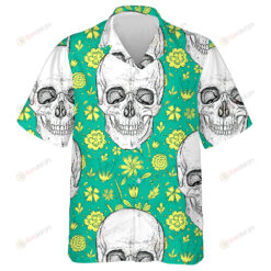Human Skull With Yellow Flowers On Green Background Hawaiian Shirt