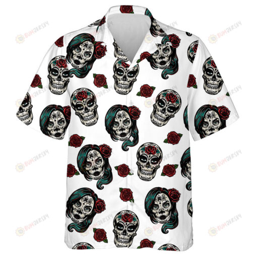 Human Skull WithTatoo And Red Flower On Head Hawaiian Shirt