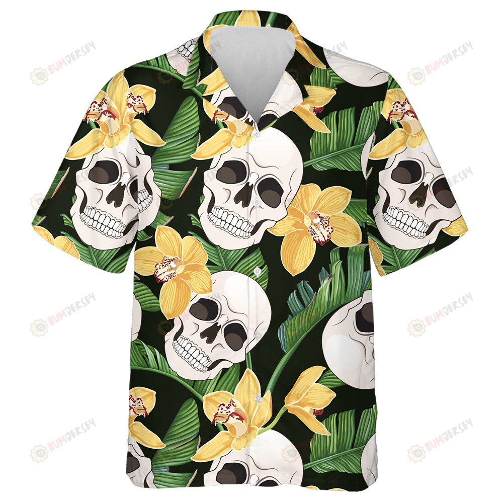 Human Skull Yellow Orchids And Tropical Leaves Hawaiian Shirt