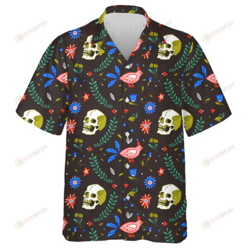 Human Skulls And Birds Among Flower Garlands Hawaiian Shirt