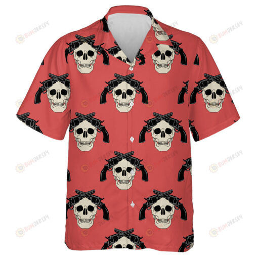 Human Skulls And Black Revolvers On Pink Background Hawaiian Shirt