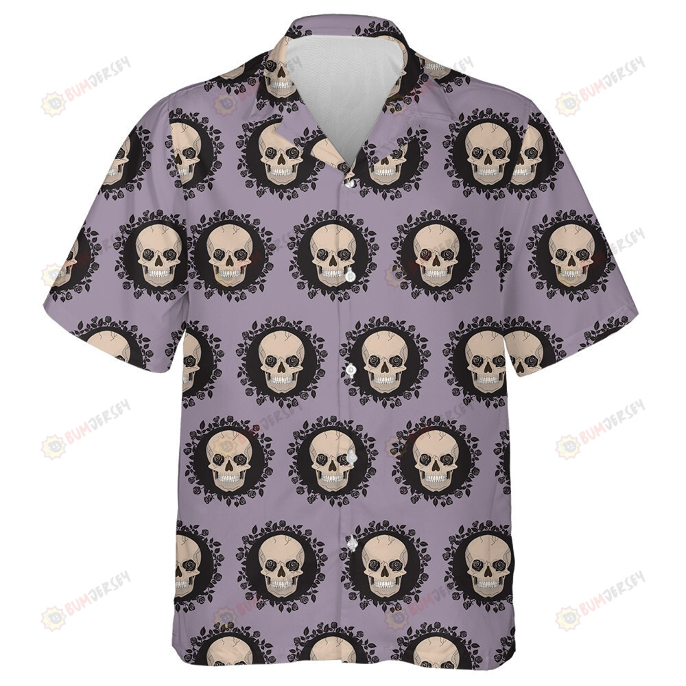 Human Skulls And Black Roses On Purple Background Hawaiian Shirt