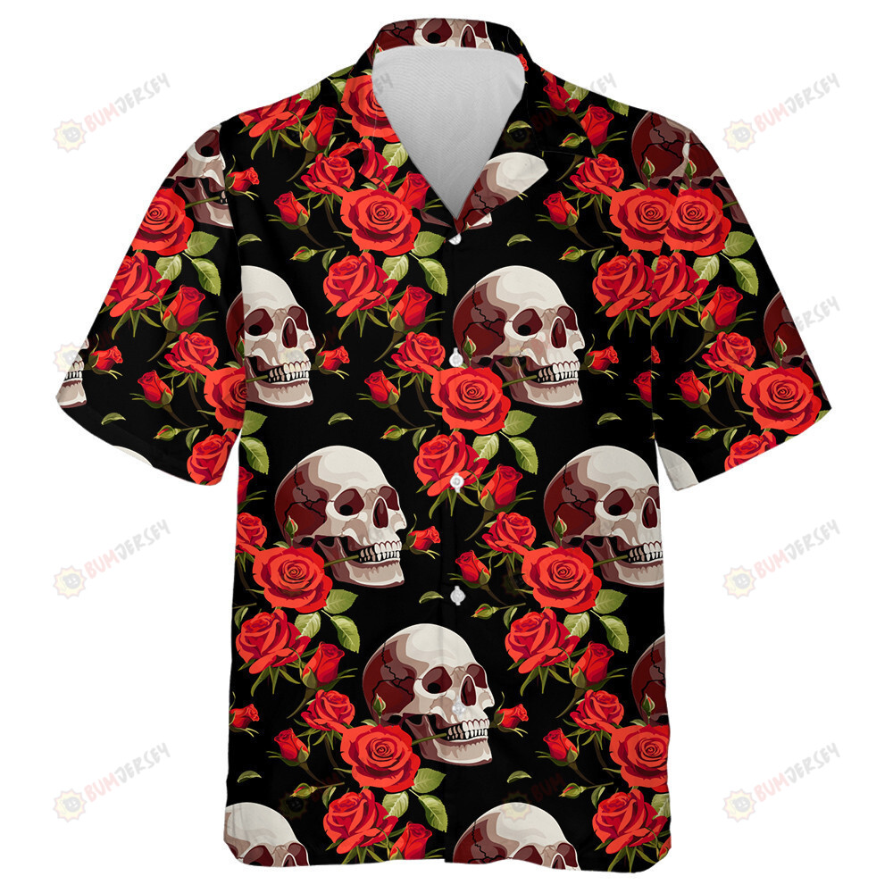 Human Skulls And Red Roses On Black Background Hawaiian Shirt