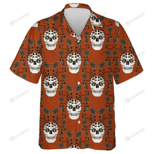 Human Skulls And Rose Branches On Brown Background Hawaiian Shirt