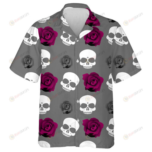 Human Skulls And Roses On Grey Background Hawaiian Shirt