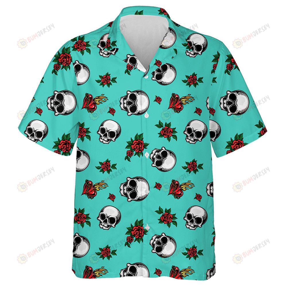 Human Skulls With Roses And Sacred Heart Hawaiian Shirt