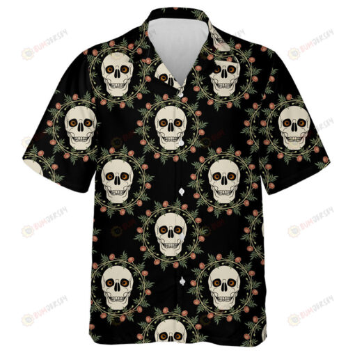 Human Skulls With Spooky Eyes In Marigold Wreaths Hawaiian Shirt