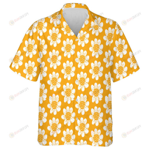 Ideal Hand Painted White Sunflowers On Orange Background Hawaiian Shirt