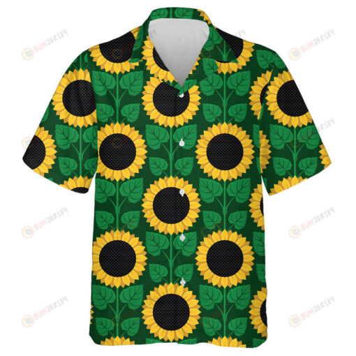 Illustrated Black Circle Sunflowers And Leaves Pattern Hawaiian Shirt