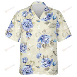 Impressive Blue Roses Branch With Little Butterflies Pattern Hawaiian Shirt