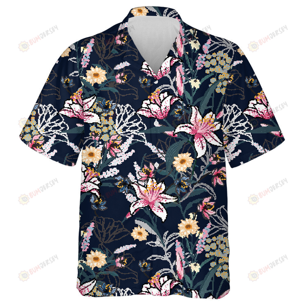 Impressive Pink Flowers Garden Hand Drawn Pattern Navy Theme Hawaiian Shirt