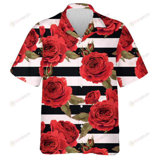 Impressive Red Roses Black And White Striped Background Design Hawaiian Shirt