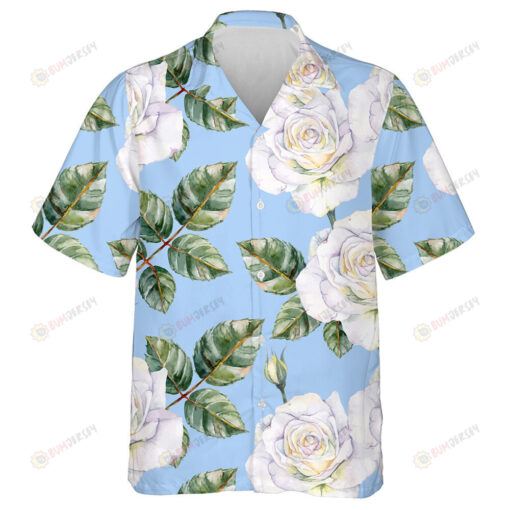 Impressive White Roses Green Leaves Blue Theme Watercolor Design Hawaiian Shirt