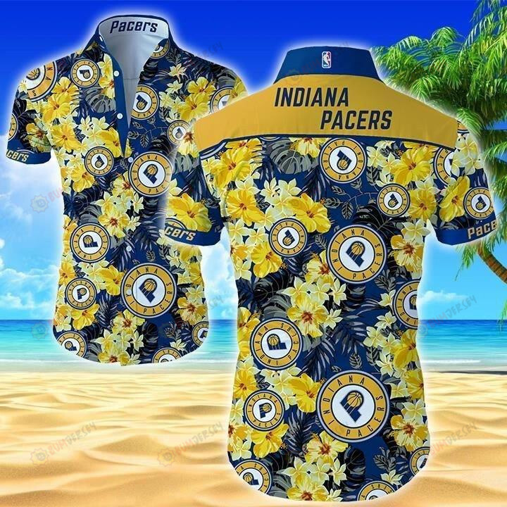 Indiana Pacers Curved Hawaiian Shirt Yellow Blue