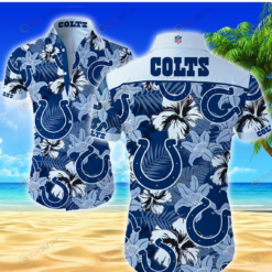 Indianapolis Colts Flower & Leaf Pattern Curved Hawaiian Shirt In Blue