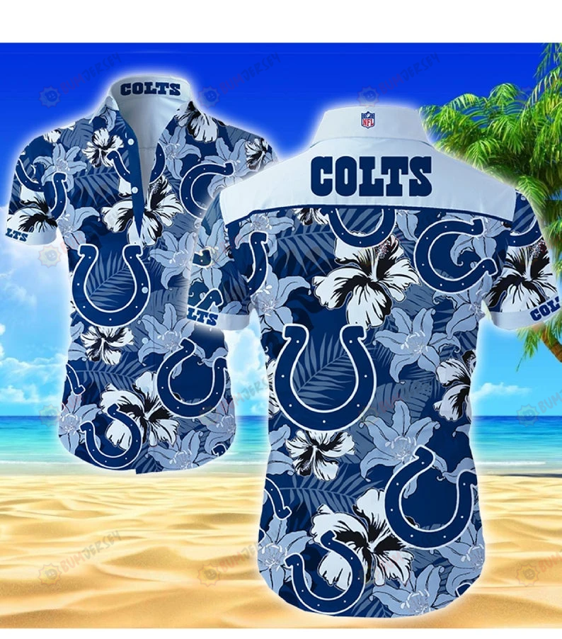 Indianapolis Colts Flower & Leaf Pattern Curved Hawaiian Shirt In Blue