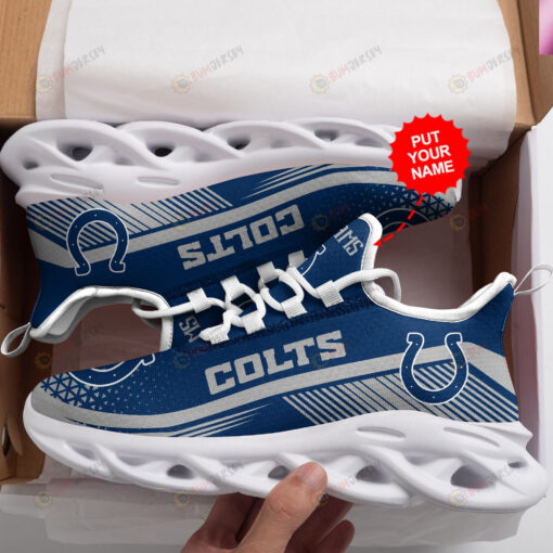 Indianapolis Colts Logo With Stripe Pattern Custom Name 3D Max Soul Sneaker Shoes In Blue And Gray