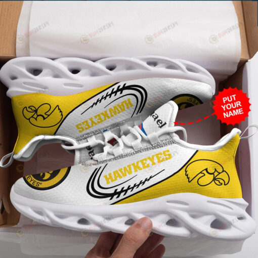 Iowa Hawkeyes Logo Pattern In White And Yellow Custom Name 3D Max Soul Sneaker Shoes