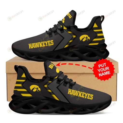 Iowa Hawkeyes Logo Yellow Stripe Pattern Custom Name 3D Max Soul Sneaker Shoes In Black