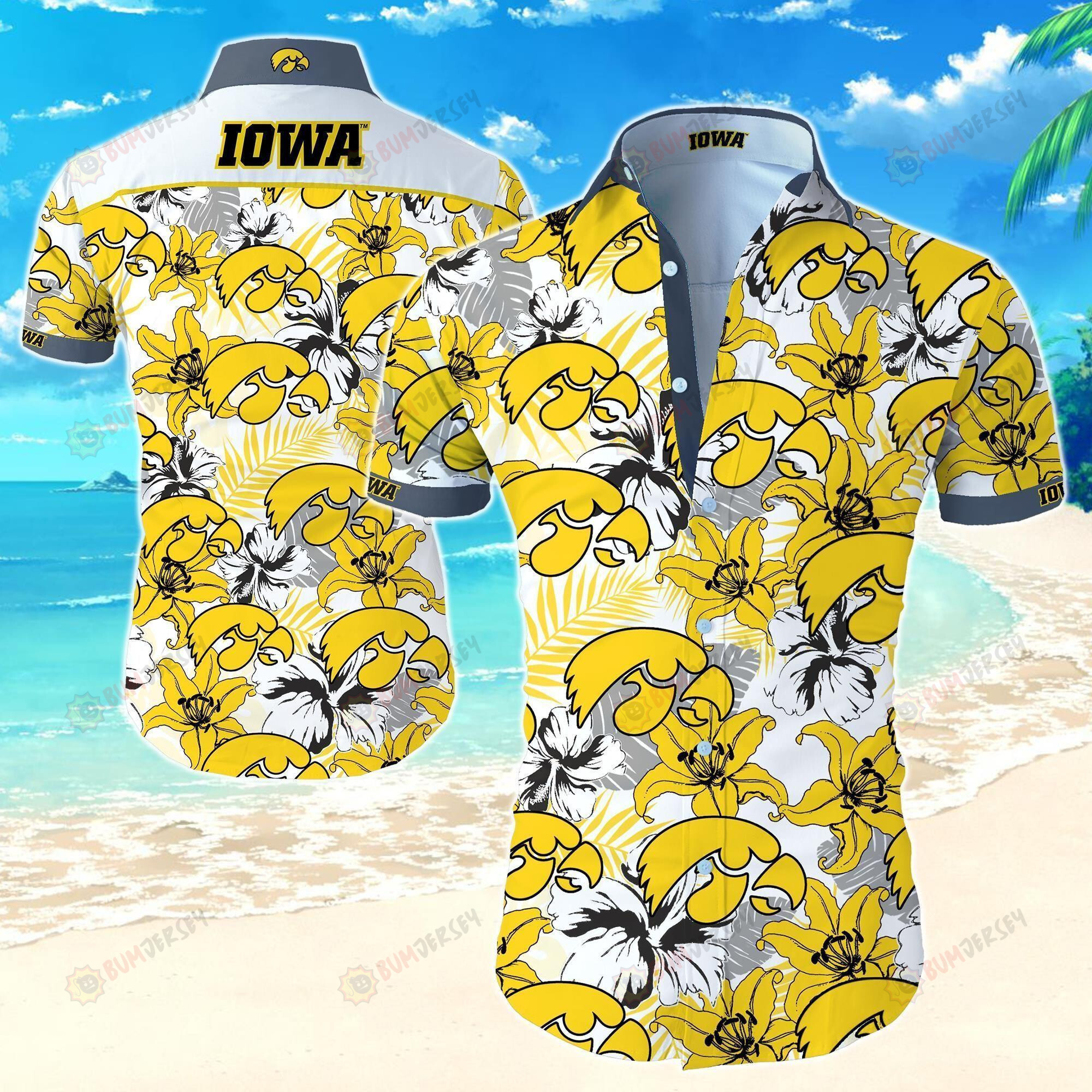 Iowa Hawkeyes Short Sleeve Curved Hawaiian Shirt On Yellow Grey Pattern