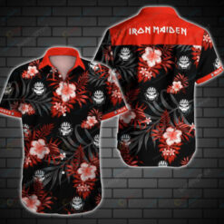 Iron Maiden Leaf & Flower Pattern Curved Hawaiian Shirt In Black & Red