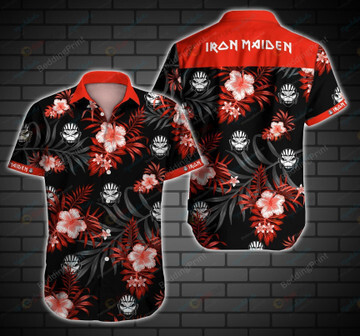 Iron Maiden Leaf & Flower Pattern Curved Hawaiian Shirt In Black & Red