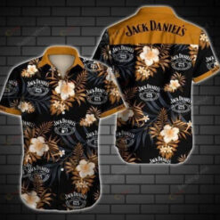 Jack Daniel Leaf & Flower Pattern Curved Hawaiian Shirt In Orange & Black