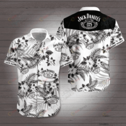 Jack Daniel's Leaf & Flower Pattern Curved Hawaiian Shirt In White & Black