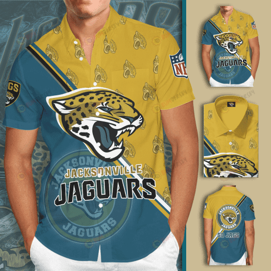 Jacksonville Jaguars Logo Curved Hawaiian Shirt In Blue And Yellow