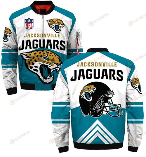 Jacksonville Jaguars Logo Helmet Pattern Bomber Jacket - White/ Teal