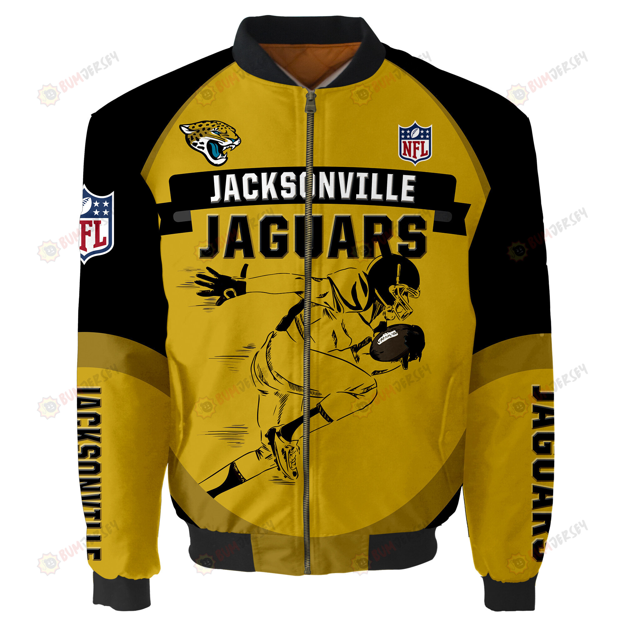 Jacksonville Jaguars Players Running Pattern Bomber Jacket - Yellow And Black
