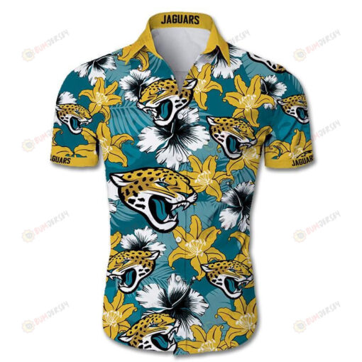 Jaguars Floral & Leaf Pattern Curved Hawaiian Shirt In Yellow & Blue