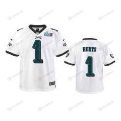 Jalen Hurts 1 Philadelphia Eagles Youth Super Bowl LVII Game Jersey - White