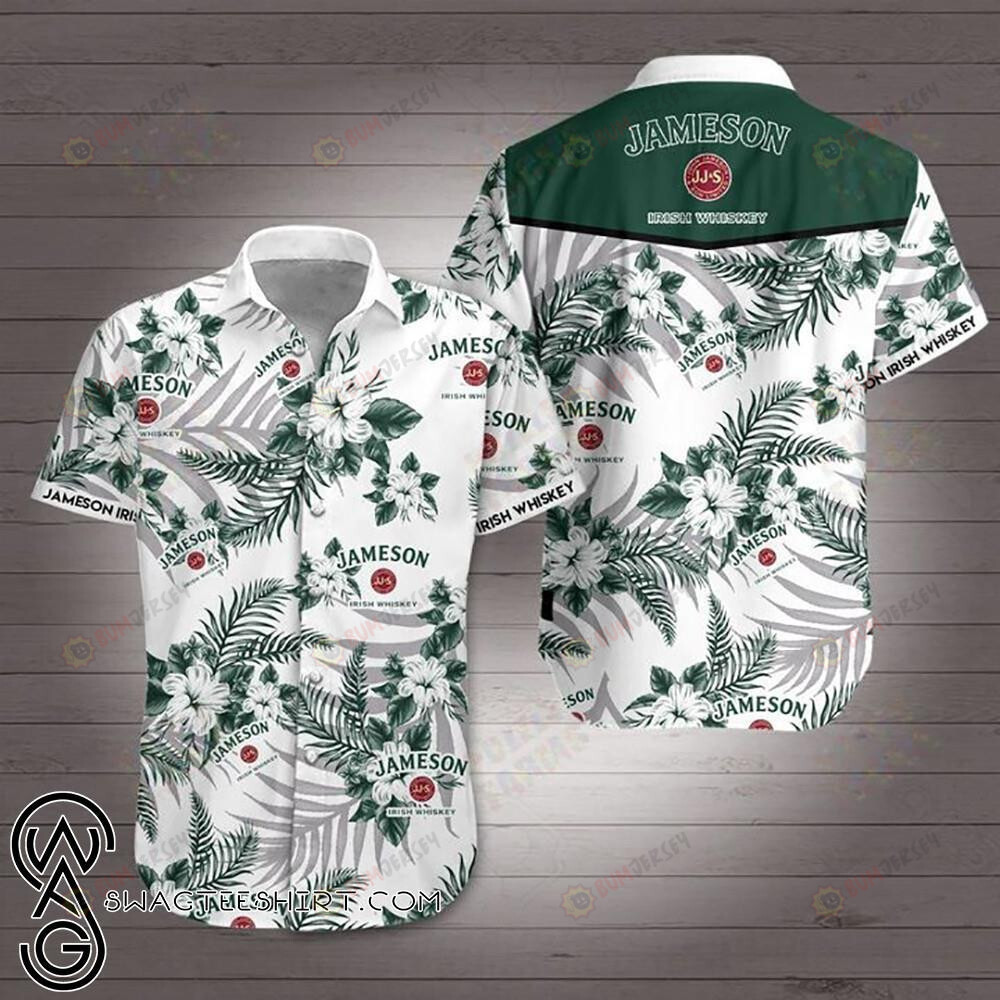 Jameson Irish Whiskey Hibiscus Curved Hawaiian Shirt In White