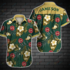 Jameson Leaf & Flower Pattern Curved Hawaiian Shirt In Green & Red