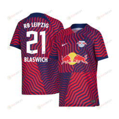 Janis Blaswich 21 RB Leipzig 2023-24 Away YOUTH Jersey - Red Blue