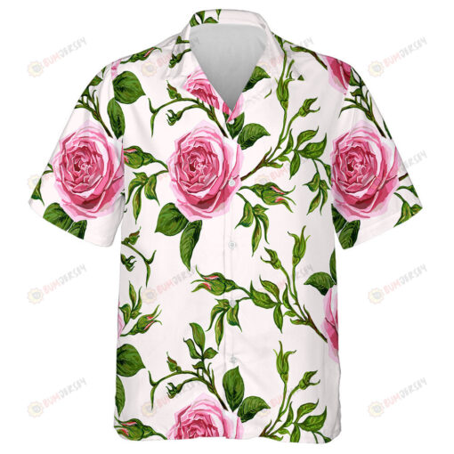 Japanese Rose Branches On White Cream Background Design Hawaiian Shirt