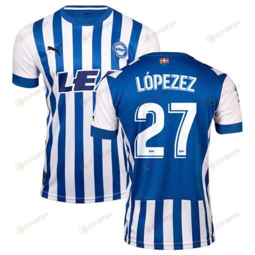 Javi L?pez 27 Deportivo Alav?s 2022-23 Home Jersey - White/Blue Stripes