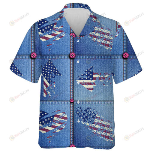 Jean Patchwork With Ggrunge Elements Of American Flag Hawaiian Shirt