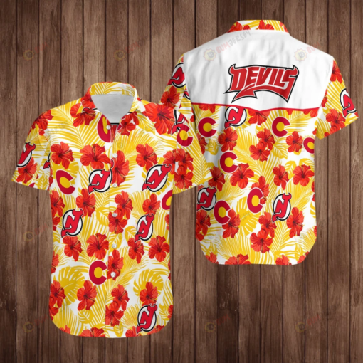 Jersey Devils Floral & Leaf Pattern Curved Hawaiian Shirt In Yellow & Red