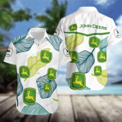John Deere Curved Hawaiian Shirt In White Green Pattern