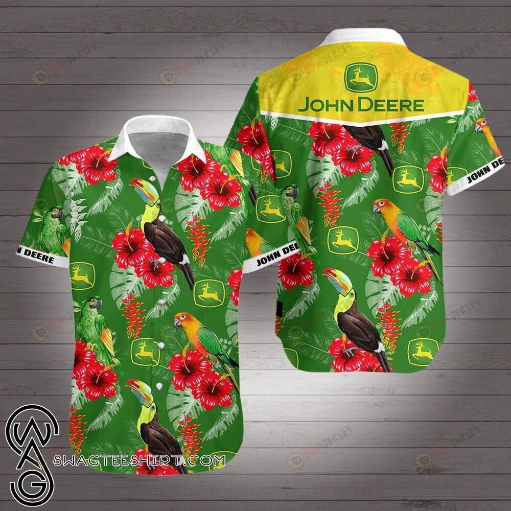John Deere Curved Hawaiian Shirt Tropical Parrot With Flower And Leave