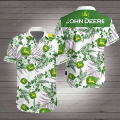 John Deere Leaf & Horse Pattern Curved Hawaiian Shirt In Green & White