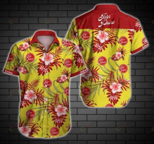 John Prine Hibiscus Curved Hawaiian Shirt In Yellow Red