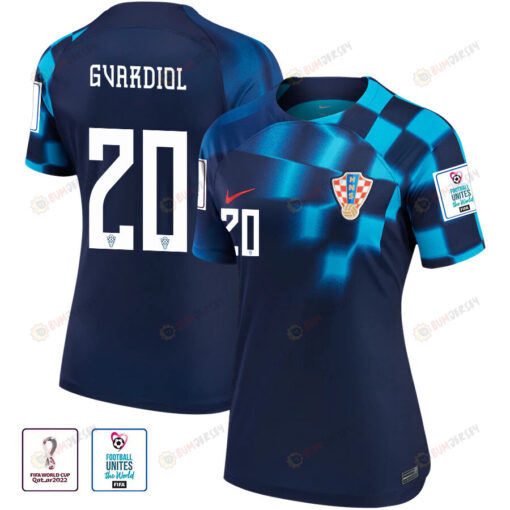 Jo?ko Gvardiol 20 Croatia National Team 2022-23 Qatar World Cup Patch Away Women Jersey