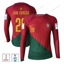 Jo?o Cancelo 20 Portugal 2022-23 Home Men Long Sleeve Jersey National Team World Cup Qatar Patch