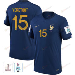 Jordan Veretout 15 France National Team FIFA World Cup Qatar 2022 Patch Home Jersey