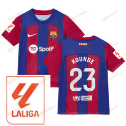 Jules Kounde 23 Barcelona 2023/24 With LaLiga Badge Home Youth Jersey