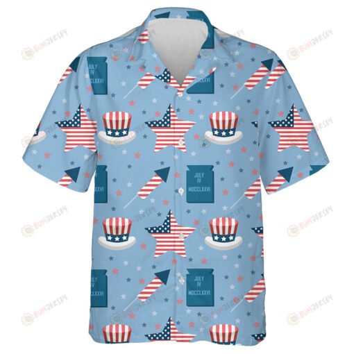 July Cards With Stars Uncle Sam Hats And Fireworks Pattern Hawaiian Shirt