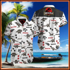 Jurassic Park On White Olive Curved Hawaiian Shirt